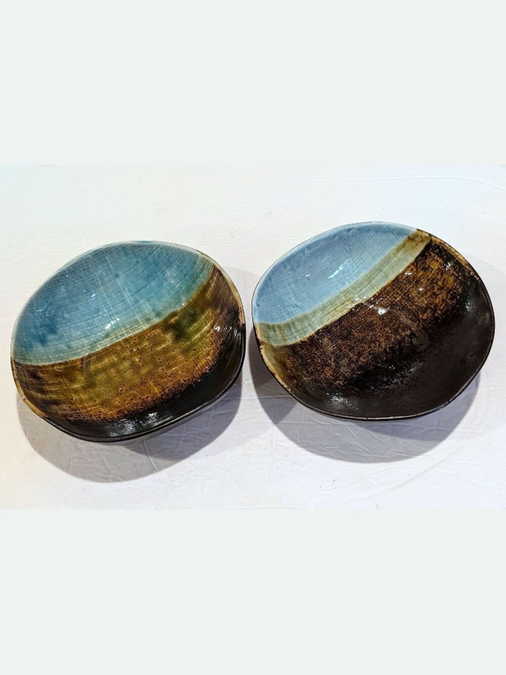 RARE Pier 1 Cassidy Set of 2 Bowls Asymmetrical Blue Brown Soup Salad Pasta